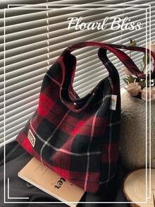 Karierte Woll-Shopper für Frauen, Retro Umhängetasche, Große Kapazität Eimer Tasche, modisch für Herbst/Winter