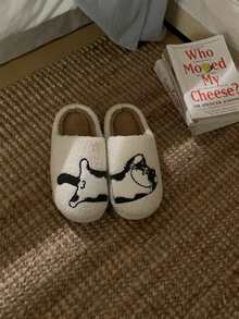 XIXITIAO 1双毛绒猫咪造型平底拖鞋，软底室内情侣拖鞋，秋冬季保暖家居拖鞋，可爱毛绒拖鞋，适合居家、聚会、产后穿着 - 斑點白色小貓 - 查看 6