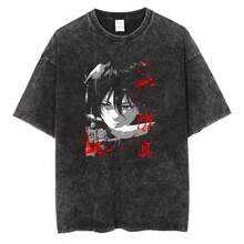 Men Streetwear Anime Graphic Print T-Shirt Harajuku Washed Vintage T-Shirts Oversized Women Summer Fashion Cotton Top Tee Unisex - 黑色 - 查看 1