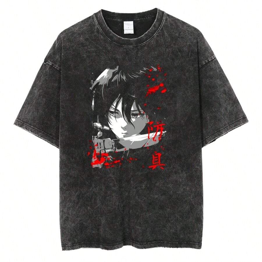 Men Streetwear Anime Graphic Print T-Shirt Harajuku Washed Vintage T-Shirts Oversized Women Summer Fashion Cotton Top Tee Unisex - 黑色 - 查看 1