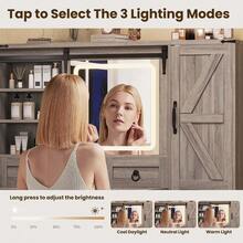 MERAX Farmhouse Vanity Desk With Sliding Mirror And Lights, Vanity Set With Glass Top And Charging Station ,Dressing Table With 4 Drawers And 2 Cabinets, Dressing Table With Stool For Bedroom, Gray - 灰色的 - 查看 4