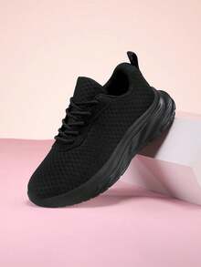1 par de zapatos deportivos para niños, transpirables, de malla, color negro, de estilo clásico y sencillo, con cordones, cómodos para uso diario y escolar, casuales y resistentes a la suciedad. - Negro - Ver 18