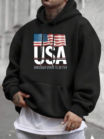 1 st plus size herrtröja med långärmad huva och slogan och amerikansk flagga, lämplig för vardagsbruk, höst/vinter