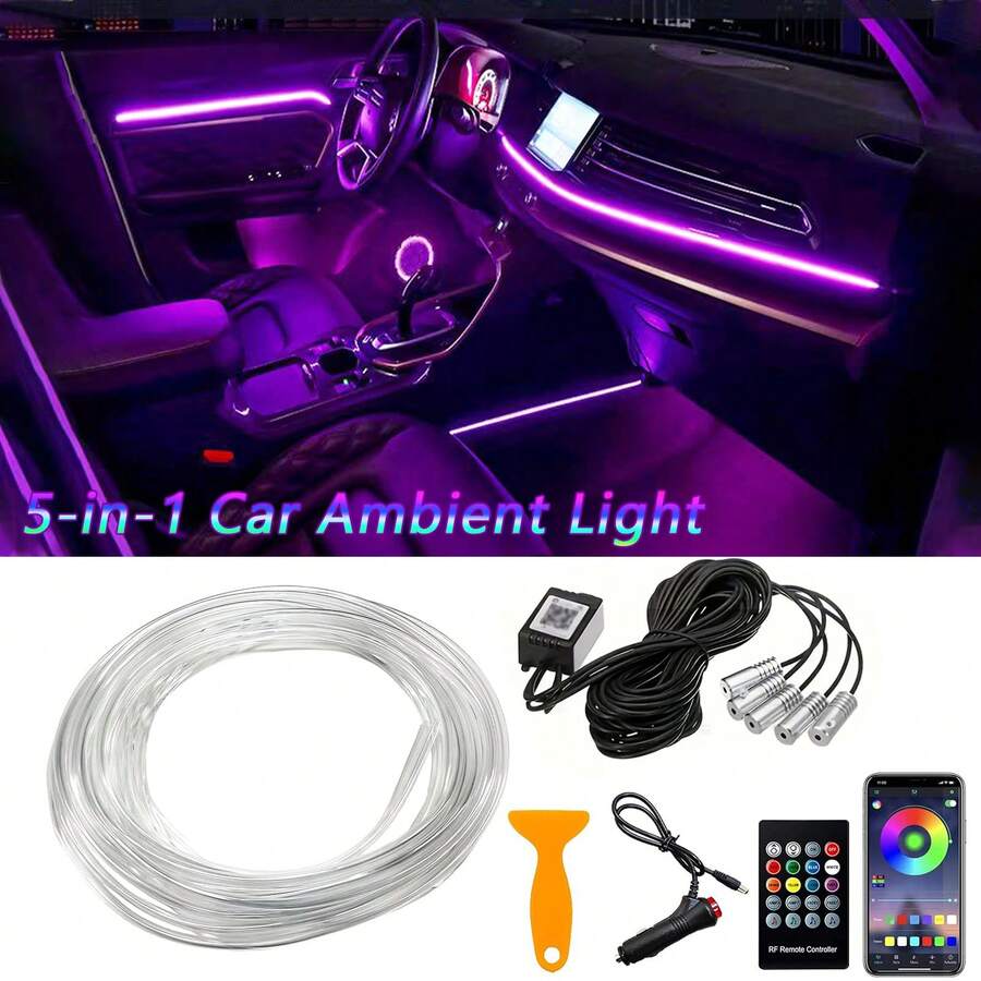 RGB 5-In-1 Ambient Lighting Kit, 236-Inch Fiber Optic 8-Color Car Neon Light, Car Interior Neon LED Light Strip, Car Interior Music Mode Lighting Accessories