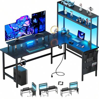 DLONGONE L Shaped Desk With LED Light & Power Outlet, Reversible Corner Gaming Desk With Storage Shelves & Drawer, Computer Table With Monitor Stand For Home Office, Work & Study,L Shape Set 2 Desks & Storage Shelf, Black