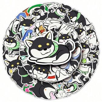 50PCS Black Shiba Inu Hand Drawn Cartoon Cute Dog Cartoon Cute Graffiti Stickers DIY Handbooks,Guitar,Cups, Helmets,Creative Festival Decoration Stickers
