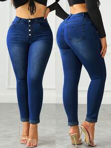 Pantalones vaqueros pitillo de talle medio para mujer - Pantalones vaqueros elásticos con cierre de una sola hilera de botones y lavado clásico - Azul lavado oscuro - Ver 9