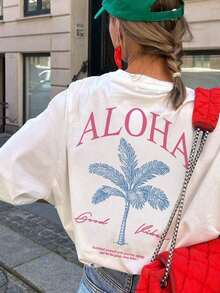 2026 Summer Shirts Women's New Palm Tree Slogan Print Casual Round Neck Short Sleeve T-Shirt, Fashionable Resort Style, Your Daily Essential Item. Gr - 白3 - 查看 3