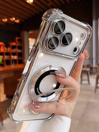 Funda de teléfono plateada chapada en lujo con protector de lente de cámara y soporte magnético - Compatible con iPhone17/17air/17pro/17promax/16/16pro/16e/16pro/16plus/16promax/15promax/15pro/15plus/15/14/14pro/14plus/14promax/13/13pro/13promax/12/12pro/12promax/11/11pro/11promax/X/Xs/Xr/Xs Max/7plus/8plus/7g/8g/Se/Se2/Se3 - Regalo ideal para parejas