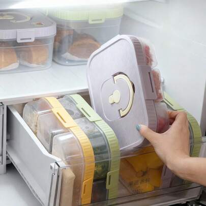 多功能透明塑料隔层食品储物盒，带盖冰箱密封肉类保鲜盒，大容量可重复使用多格食品容器，可微波炉加热，厨房食品收纳整理