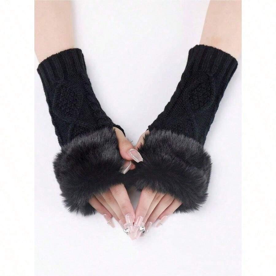 1pair Women's Coffee Colored Short Knitted Gloves With Exposed Fingertips, Winter Warm And Stylish - 黑色 - 查看 1