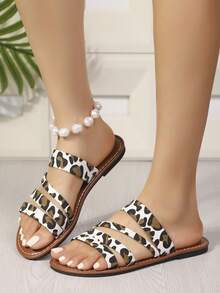 Women's Cow & Leopard Print Slides, Lightweight Open Toe Flat Shoes, Casual Slide Sandals