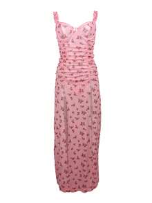2 Pcs Women's Elegant Semi-Sheer Gauze Long Sleepwear Dress Set With Ruffle Straps - Floral Polka Dots V Neck Backless Off The Shoulder Both Side Split High Waist Stretchy All-Season Nightdress With Underwire & G-String - Ideal For A Romantic Evening - Hồng - Xem 1