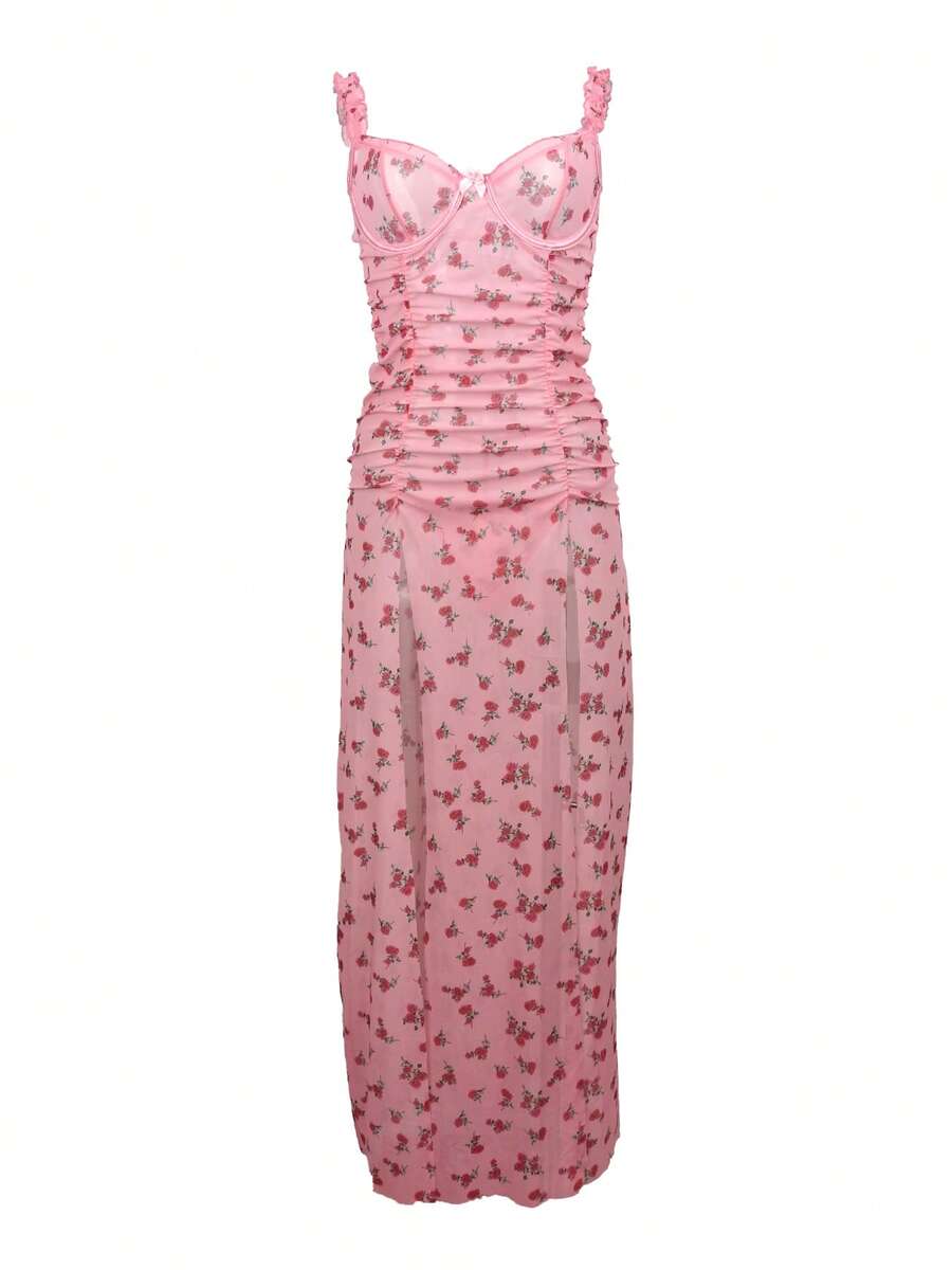 2 Pcs Women's Elegant Semi-Sheer Gauze Long Sleepwear Dress Set With Ruffle Straps - Floral Polka Dots V Neck Backless Off The Shoulder Both Side Split High Waist Stretchy All-Season Nightdress With Underwire & G-String - Ideal For A Romantic Evening - Hồng - Xem 1