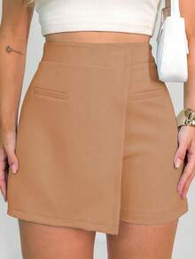 A&DD MODA, REF: AS-1459 Women's Asymmetrical Shorts | Casual Shorts | Versatile Piece | Comfort And Style | Shorts With Faux Pockets | Modern Design | Elegant Casual Look | High-Waisted Women's Shorts | Uncomplicated And Sophisticated Style | Comfortable Shorts | Ideal For Summer - 棕色 - 查看 1