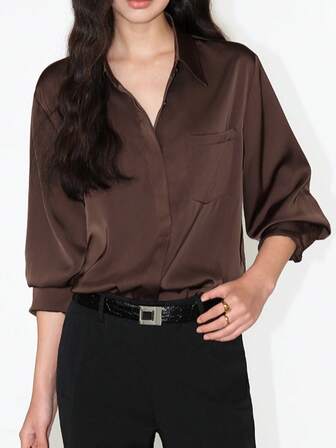 Women's Solid Color Satin Long Sleeve Shirt, New Design Loose Elegant Blouse, Unique Collar Button Front Pocket Shirt, Stylish Ladies Winter Clothing