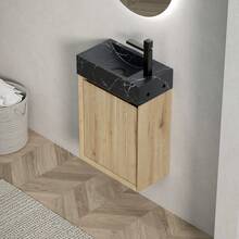 VITO 40cm Wall-Mounted Bathroom Sink With Undermount Sink In Black Marble With Stone Pattern, Solid Wood Cabinets With Stripes, One Door, Pre-Assembled, White Oak Grain Color - 1 - View 6