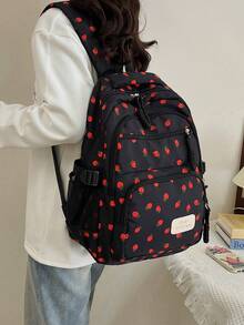三件套黑色尼龙休闲清新草莓蝴蝶结樱桃印花提花拉链可折叠大容量多口袋背包，适合女性日常搭配、大学生、培训、上学、购物、旅行 - 黑色 - 查看 7