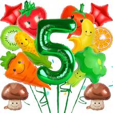 Conjunto de 32" de globos de aluminio con forma de frutas y verduras que incluye diseños de champiñón, zanahoria, brócoli, tomate, fresa, maíz, plátano, con números verdes del 1 al 9, adecuado para decoración de fiesta de cumpleaños, decoración del hogar - Multicolor - Ver 15