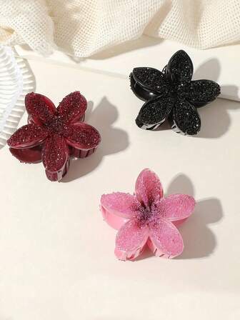 1pc Plus Size Women's Bohemian Floral Hair Clip - Shiny Flower Hair Accessory, 5-Petal Design, Black/Red/Pink/Gold/White/Purple Tones, Suitable For Women, Elegant Hair Decor, Applicable For Christmas, Valentine's Day, Wedding, Party And Daily Wear - Anti-Slip Fixing Hair Claw, Multifunctional Hair Clip, Suitable For Braiding And Bun Hairstyles Elegant Claw Clips