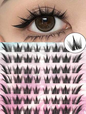 104片韩版精致黑色动漫风假睫毛，C型卷翘自然妩媚设计，可重复使用，适合新手，睫毛簇，单根睫毛，假睫毛，万圣节，圣诞节礼物