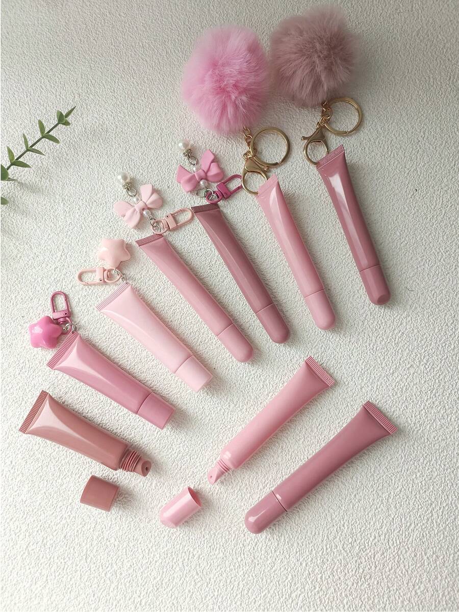 1/5支装 10毫升空PE塑料粉棕色唇彩管唇油容器软挤压管透明润唇膏管带蝴蝶结球钥匙扣，价格实惠，适合作为圣诞礼物、化妆品、化妆工具、廉价商品、礼品、女士礼品、圣诞礼物、赠品、旅行用品、旅行必备品。 - 彩色 - 查看 1