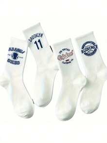 5双男女通用棒球字母图案中筒袜，街头运动风，适合日常穿着，秋季款