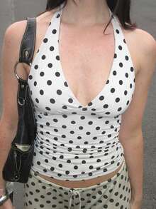 DOUCIU French-Style Polka Dot Print V-Neck Slim Halter Tank Top Sexy Vest Beach Party Outfit - White - View 5