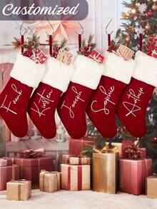 Red Plush Christmas Stockings With Personalized Names, Family Holiday Socks, Festive Gift Decorations, Monogram Stockings, Stockings Small Xmas English Letters Hanging Stockings Socks Double Sided Fireplace Hanging Stockings For Party Decoration New Year Party Gift Favors Supplies,Personalized Initial Stocking, Family Holiday Xmas Party Decor Birthday Home Decor Christmas Decorations Room Decor Christmas - Multicolor - View 2
