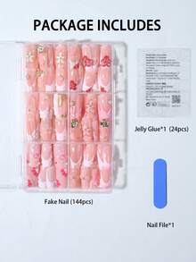 144片（6种混合款式）3D凝胶美甲贴纸，可打造矩形花朵珍珠装饰图案，法式美甲，中号按压式凝胶美甲，花朵珍珠设计，亚克力假指甲套装，包含1瓶果冻凝胶和1个指甲锉，易于佩戴，适合夏季美甲和法式美甲，适合女性和女孩日常工作、派对等场合。 - 彩色 - 查看 3