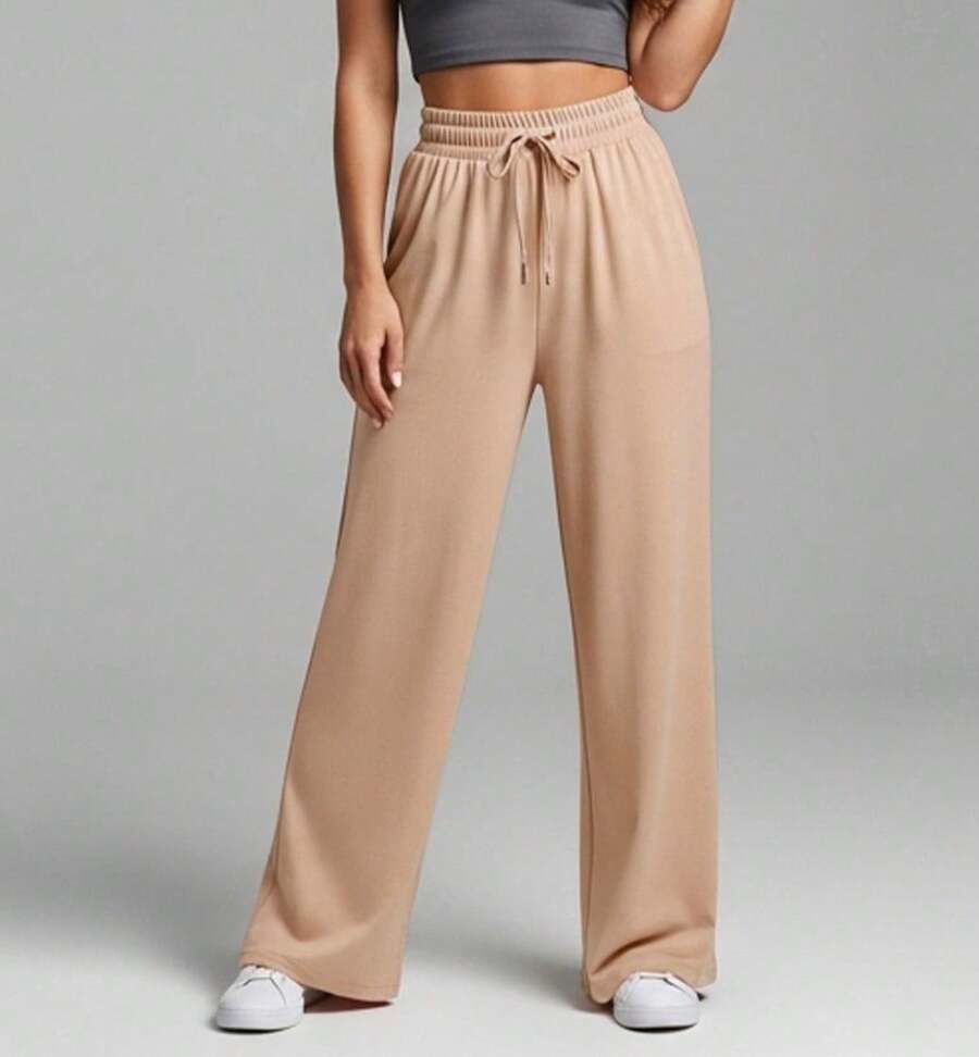 Wide Leg Pants With Flare Leg, Sophisticated Fit, Structured Style, High , Contemporary, Casual, Comfortable, Modern, Chic - Straw - View 1