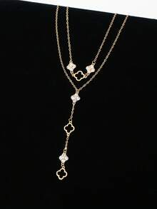 1pc Fashionable Crystal Clover Y-Shaped Multi-Layer Long Necklace