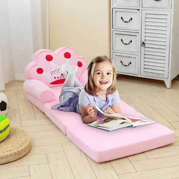 2 In 1 Kids Sofa, Cartoon Foldable Children Sofa Bed, Plush Cat Shape Children Couch Backrest Armchair Bed, Ki...