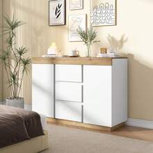Chest Of Drawers With 3 Drawers And 2 Doors, Locker, Storage Function, For Bedroom And Living Room, E1 Chipboard, White+Oak - 白色 - 查看 5