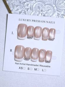 10片装短款方形白棕色撞色亮面猫眼法式美甲贴片，优雅可重复使用，持久耐用，快速上手，DIY日常美甲美妆 - 摩卡棕 - 查看 11