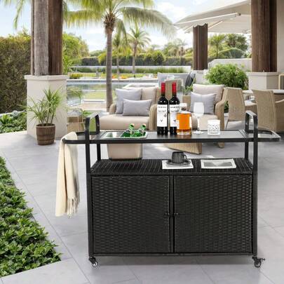 Outdoor Bar Table, Wicker Bar Cart With Cabinet, Patio Serving Cart With Steel Lid, With Ice Bucket, Lockable Wheels, Side Basket For Garden, Poolside And Backyard, Black