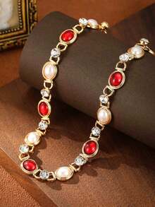 1 Piece Elegant Red Imitation Gemstone Necklace For Women ,Copper Alloy Chain Plated 14K Gold,Faux Pearl Necklace,Perfect Gift For Mother's Day,Valentine's Day,Wedding,Christmas Day