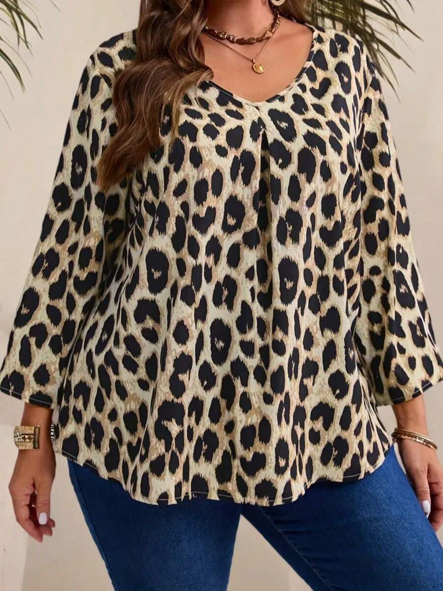 大码豹纹宽松衬衫，梭织豹纹面料，无领 - 香檳色 - 查看 1