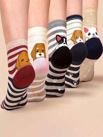 5双装女士撞色条纹袜，可爱卡通猫狗爪印图案，透气防臭舒适中筒袜，时尚百搭，适合户外运动、舞台表演、派对、旅行、日常穿着，秋冬季皆宜。
