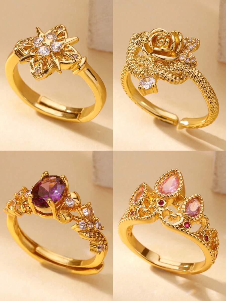 Vintage Stainless Steel Serpentine Flower Crown Rings For Women Mom, Cubic Zirconia 18K Gold-Plated Anti Fading Ring, Wedding Jewelry Prom Accessories, Christmas And Valentine's Day Gifts