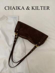 1 Túi đeo vai vải da lộn màu trơn CHAIKA & KILTER, Túi gối Boston thường ngày cổ điển dành cho nữ có lỗ trang trí, quai xách đôi, khóa kéo, thích hợp cho việc mua sắm hàng ngày - Cà phê - Xem 8