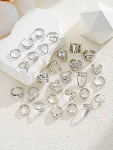 17KM 29pcs Simple Fashionable Vintage Coin Style Metal Geometric Asymmetrical Stackable Rings Set, Women/Couples/Friends Gift For Holiday, Date, Party, Wedding, Christmas, Valentine's Day