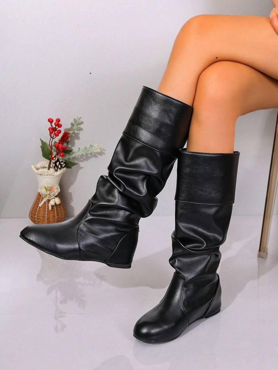 Women's Autumn/Winter Flat Comfortable Soft Bottom Versatile Warm Pleated Boots, Elegant Fashion Long Shaft Dress Boots, Over-The-Knee Boots - Black - View 1