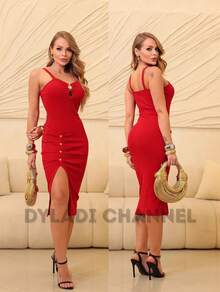 Midi Dress In Ribbed Cotton With Elastic Button, Side Slit, And Stylish For Summer. Women's Fashion. - Red - View 3