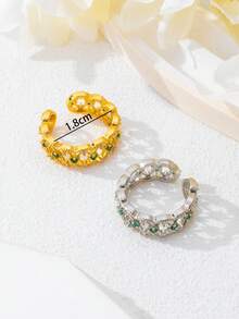 1pc Vintage Brass Faux Emerald Gemstone Lace Edged Elegant Retro Open Ring - Ring - View 3