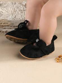 秋季新款 0-1岁 3-6-12个月 女婴可爱蕾丝蝴蝶结公主鞋，婴儿软底学步鞋 - 黑色 - 查看 3