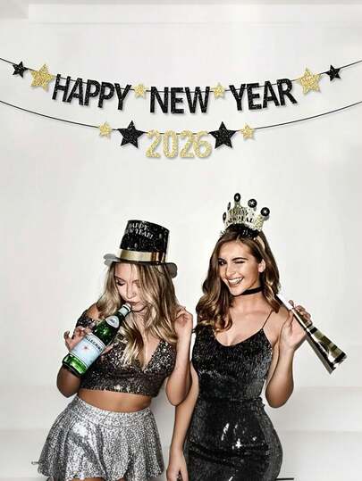 1set Gold & Black 2026 New Year Banner - Happy New Year Letters & Balloon-Style 2026 Sign For Entrance, Car, Wall - Durable Paper Party Decoration For New Year Celebrations