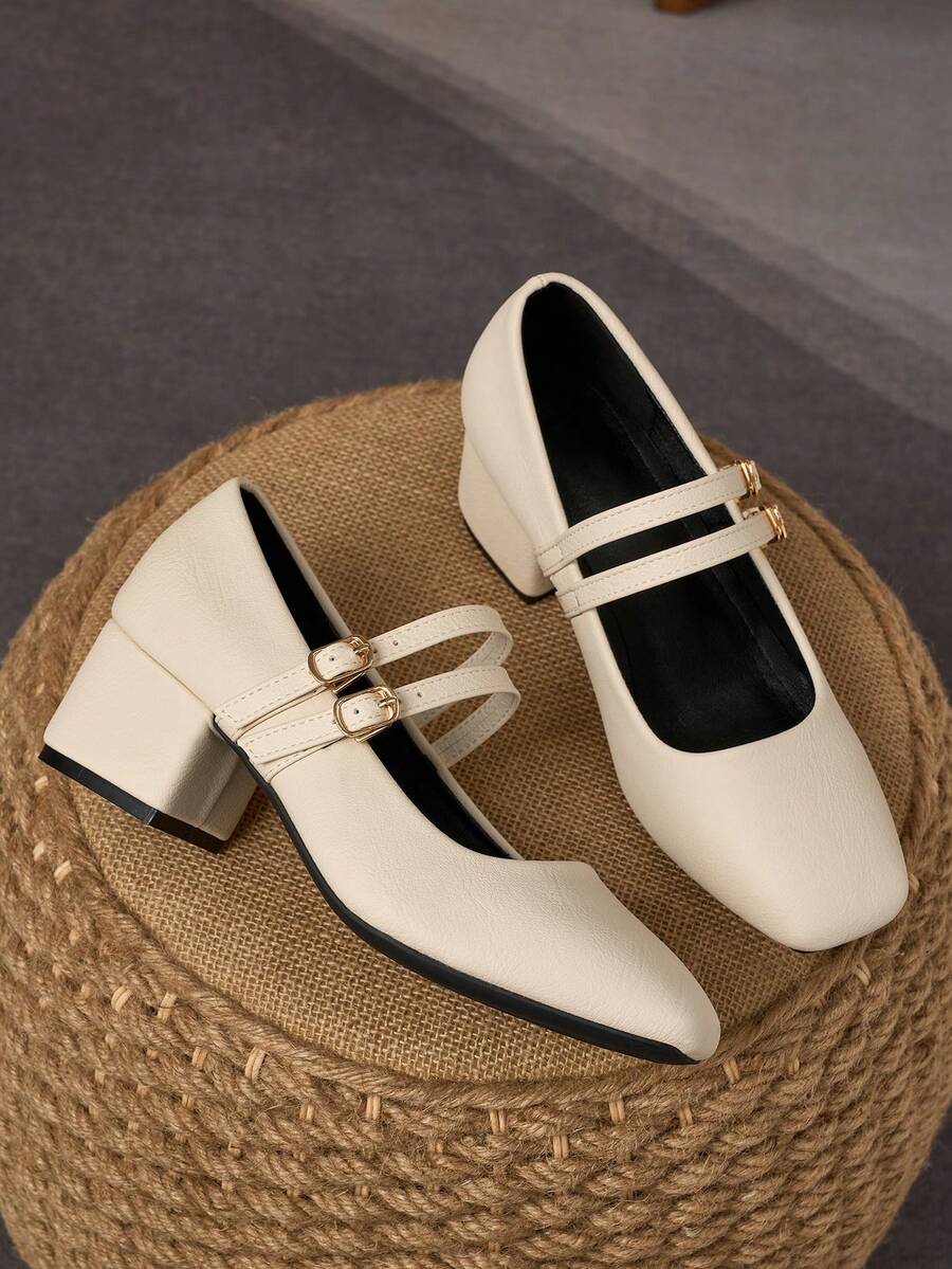 MonaNise 5厘米布面包跟女士时尚金属米色玛丽珍粗跟礼服鞋 - 米色 - 查看 1