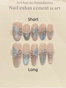 10 miếng dán móng tay acrylic hình oval thủ công, có kiểu ngắn và dài, màu hồng nhạt, kiểu móng tay Pháp mắt mèo xanh bóng, họa tiết bướm vẽ tay, đính đá lớn, ngọc trai giả và dây xích, sang trọng, hiện đại, thanh lịch, tối giản cho mùa thu, miếng dán móng tay mùa thu, móng giả, móng tay ngày lễ, phù hợp cho tiệc tùng, đi chơi hàng ngày và hẹn hò, phong cách bãi biển & kỳ nghỉ nhiệt đới, tự làm móng, quà tặng lý tưởng cho phụ nữ và bé gái, dụng cụ làm móng thủ công, móng dán. - Màu xanh lam - Xem 3