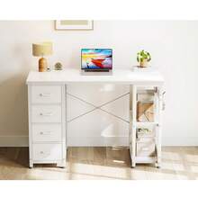 40 Inch Small White Computer Desk With 4 Fabric Drawers, Modern Office Desk For Home Office Gaming With Storage Shelves Study, White - trắng - Xem 2